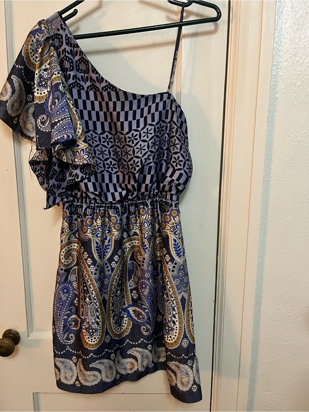 Teeze Me One-Shoulder Paisley & Geo Print Dress in Navy and Gold